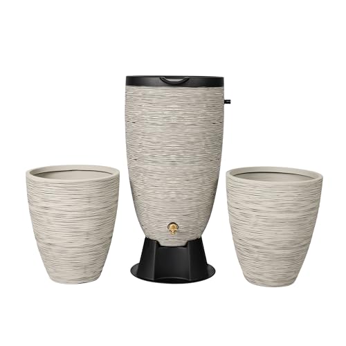 Newport 50‑Gallon Flat‑Back Rain Barrel with Stand & Planter Bundle – Slate | Removable Lid, UV-Stabilized Outdoor Water Storage