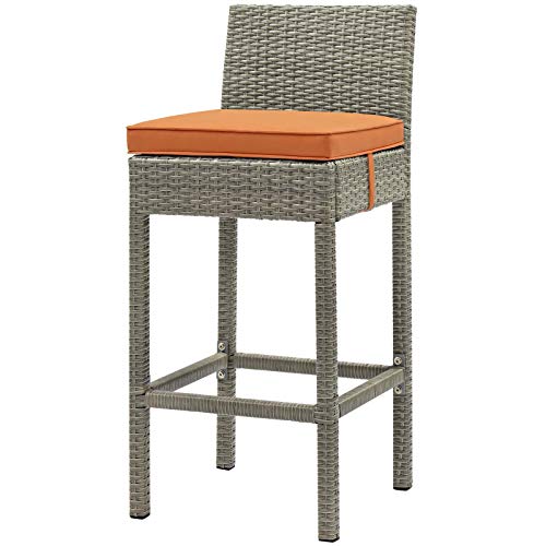 Contemporary Outdoor Patio Garden Bar Side Stool Chair, Set of Four, Fabric Rattan Wicker, Orange