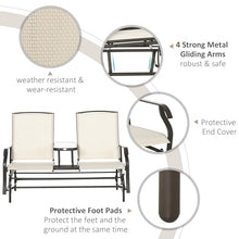 Oosofi Outdoor Glider Bench with Center Table, Metal Frame Patio Loveseat with Breathable Mesh Fabric and Armrests for Backyard Garden Porch, Beige