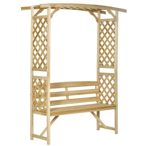 callmego Wooden Garden Bench with Arbor Arch and Pergola for Climbing Plants, Outdoor Backyard Seating and Trellis Support