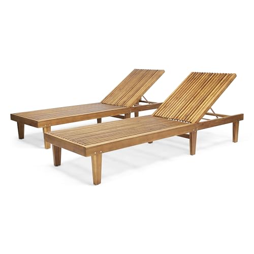 Christopher Knight Home Nadine Set of 2 Outdoor Patio Wood Adjustable Chaise Lounges, Acacia Wood Poolside Sun Lounger Set, Wooden Lounge Chair Outdoor, Teak