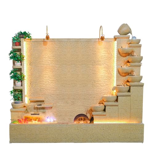 Elegant Stone Waterfall Fountain with LED Lights and Planter Shelves – Dual Sides for Indoor and Outdoor Zen Garden Decoration, 63 inch-79 inch Height Options(C+Beige)