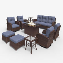 LayinSun 10-Piece Outdoor Patio Furniture Set with Fire Pit Table and Rattan Wicker Swivel Rocker Chairs Brown/Navy Blue