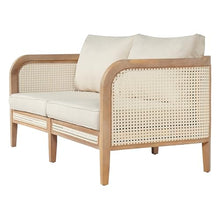 Merax Outdoor Patio Loveseat, Acacia Wood 2-seat Outdoor Couch Sofa with Thick Cushion, All-Weather PE Rattan Accent Patio Furniture for Balcony Porch Backyard Poolside Relax, Natural+White