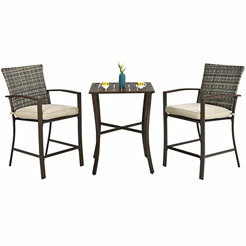 3PCS Patio Rattan Bar Furniture Set Slat Table 2 Cushioned Stools Poolside Brown
