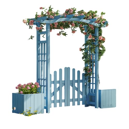 Garden Arbor with Planter Boxes & Double Gate, Blue Wooden Outdoor Wedding Arch for Climbing Plants Vine Vegetables Herbs, Climbing Plant Trellis Pergola, for Backyard Patio