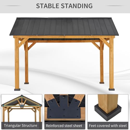 12x10ft Cedar Wood Gazebo with Gable Roof,Outdoor Hardtop Gazebo with Galvanized Steel Roof for Backyard Patio