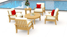 WholesaleTeakFurniture Somer 6 Piece Teak Wood Lounge Chair Set: 4 Lounge Chairs, Round Coffee Table & Round Side Table with Cushions in Outdoor Sunbrella Fabric #5404 Canvas Natural
