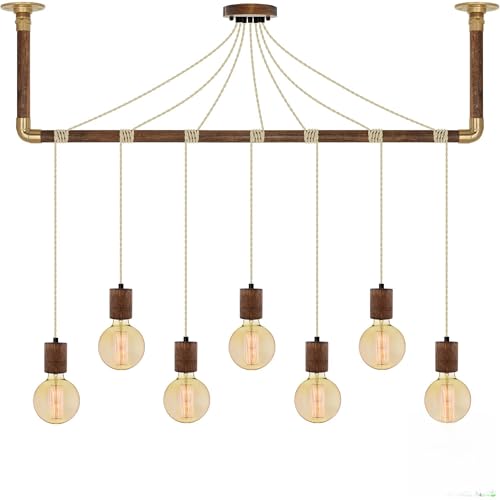 Beige and Wood Pendant Light Pipe Wrap with Brown Wood and Brass Ceiling Bracket - Hangout Lighting - 7 Pendants