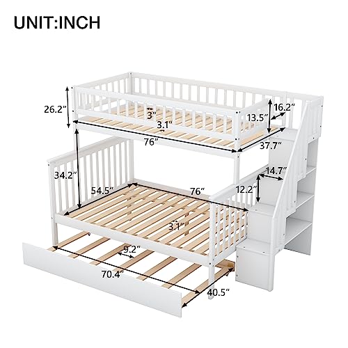 BOVZA Wooden Twin Over Full Bunk Bed with Trundle & Storage Staircase White