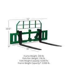 Titan Attachments 72" Pro Series Global Euro Extra Wide Pallet Fork Frame, 48" Fork Blades, Fits Global Euro Hookups, Rated 5000 LB, Conus 2 Hay Spear Sleeves and 2" Receiver Hitch Included