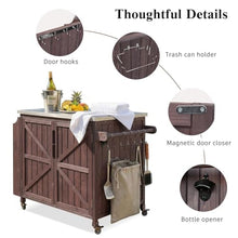 YATON Outdoor Grill Cart with Stainless Steel Top, Rolling Outdoor Kitchen Island with Storage Cabinet & 3-Tier Side Shelves, BBQ Prep Table on Wheels with Hooks for Patio Backyard,Brown