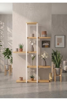 SODEF 5-Tier Metal Plant Stand with Wood Shelves 43.3 in Height Atlantic Pine Wood for Living Room Balcony Office Modern Scandinavian Style - Pine