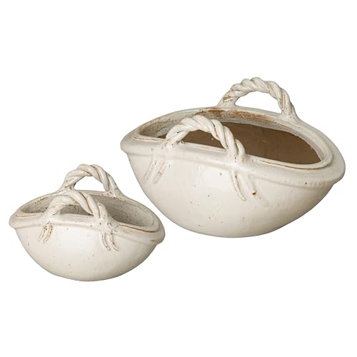 Emissary Home and Garden 21in. L x 13in. W x 11.5in. H Distressed White Stoneware Oval Planters with High-fire Treatment (Set of 2)