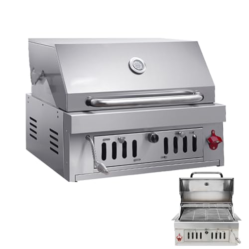 Built-In Charcoal Grill, Charcoal BBQ Grills with Liftable Tray, Insulated Hood & Temperature Gauge, Heavy-Duty 304 Stainless Steel Barbecue Grill for Outdoor Kitchen, Camping