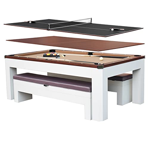 Hathaway Newport 7-ft Pool Table Tennis Combination with Dining Top, Two STO Newport II 7-ft Pool Table Combo Set with Benches - White with Camel Felt - Walnut
