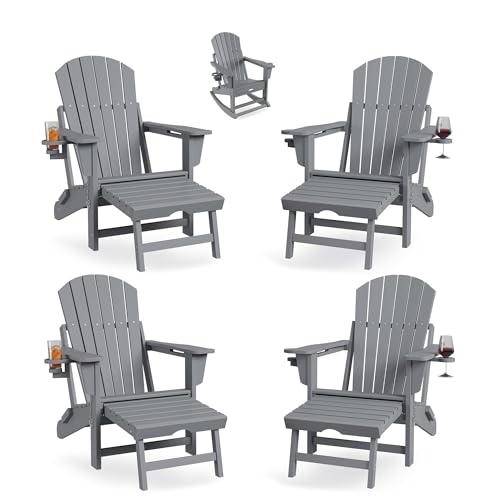 Festisoul 4-Pack HDPE 4-in-1 Adirondack Rocking Chairs with Retractable Ottoman, Folding Outdoor Plastic Rockers with Cup Holders, All-Weather Patio Seating for Deck, Poolside, Backyard (Gray)