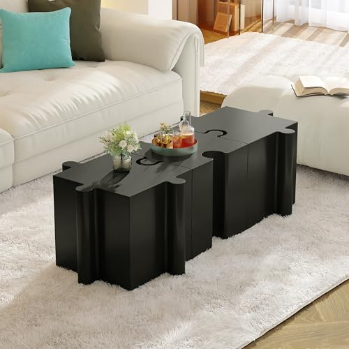 roomfitters 3-Piece Artistic Puzzle Table Set, Interlocking Modular MGO Side Tables (2 Convex & 1 Concave), Black