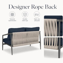 Golden Flame Outdoor Loveseat, 2-Seat Patio Sofa with Powder-Coated Aluminum Frame, Olefin Rope Back, Sunbrella Cushions - Black Finish Frame, Spectrum Indigo Fabric