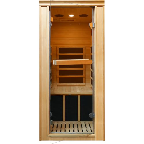RIGO Infrared Sauna Room Indoor Canadian Hemlock 980W Low-EMF Single Person Spa Burlywood