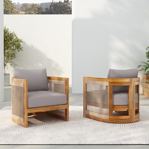 Merax Acacia Wood Outdoor Club Chair Set of 2,Woven Rope Accents Design,Wooden Patio Accent Chair Set,Comfy Reading Seat with Removable Cushion,Patio Furniture Set,Gray+Teak