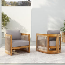 Merax Acacia Wood Outdoor Club Chair Set of 2,Woven Rope Accents Design,Wooden Patio Accent Chair Set,Comfy Reading Seat with Removable Cushion,Patio Furniture Set,Gray+Teak