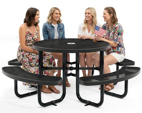 OUTTANS Commercial Metal Picnic Table (Black, 46in, Round, Expanded Steel)