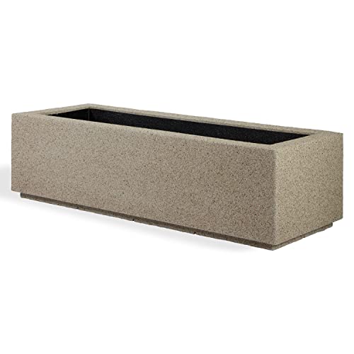PolyStone Riviera Rectangular Trough Planter – 46" x 17" x 12" – Large Lightweight Indoor/Outdoor Planter Box – Modern Stone-Look Resin – Durable All-Weather w/Drainage Holes – Made in USA – Sandstone