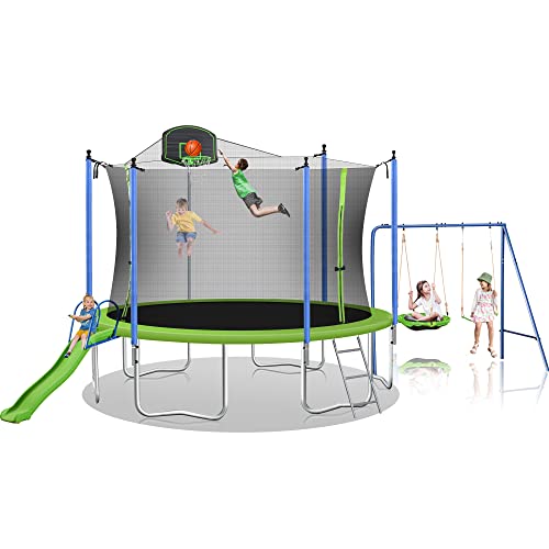 Steelway 12ft Trampoline Combo with Swing, Slide, Safety Net & Basketball Hoop Green