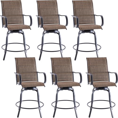 Patio Swivel Bar Stools Set of 6，All-Weather Outdoor High Bistro Stools with Textilene Fabric for Outside, Beach, Lawn, Poolside and Garden (Black/Chestnut)