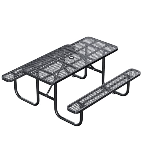 esheno 6FT Rectangular Outdoor Picnic Table with Attached Benches, Heavy-Duty Expanded Metal Mesh Patio Table, Commercial-Grade Outdoor Seating for Park, Backyard, Deck, Lawn, Black