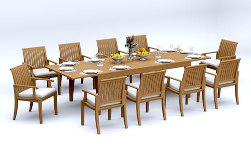 TeakStation 10 Seater Grade-A Teak Wood 11 Pc Dining Set: 122" Caranas Double Extension Rectangle Table and 10 Lagos Arm Chairs #31LG2910