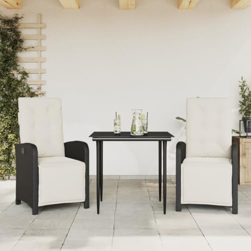Molumvel 3 Piece Bistro Set, Reclining Garden Chairs and Tempered Glass Table, Patio Furniture for Balcony, Backyard, and Outdoor Relaxation, Black