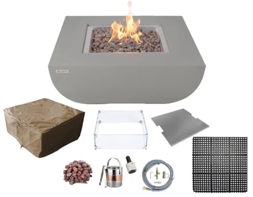 AMS Fireplace | Modeno Westport Package | Light Gray Natural Gas Fire Pit Table for Outside Patio Bundle with Wind Guard, and SS Burner Lid | Free Ice Bucket & Rubber Mat