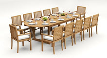 WholesaleTeak 12 Seats 13 Pcs Grade-A Teak Wood Dining Set: 118" Double Extension Mas Oval Trestle Leg Table and 12 Mas Stacking Arm Chairs #11MS2712