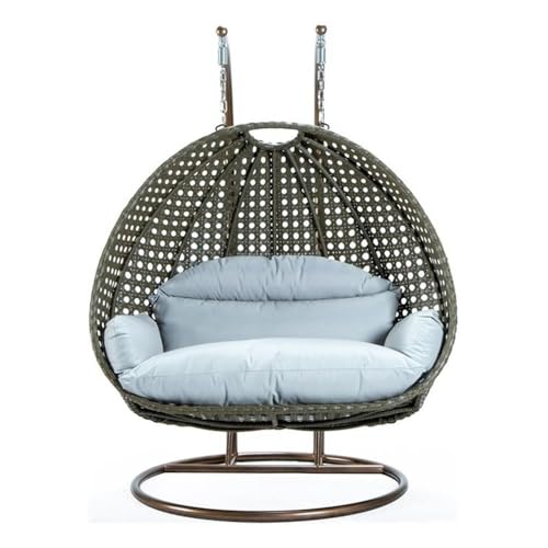 LeisureMod 2 Person Wicker Egg Chair Outdoor Indoor Bedroom Patio Hanging Lounge Swing Hammock Chairs with Beige Stand and UV Resistant Cushions, Light Grey