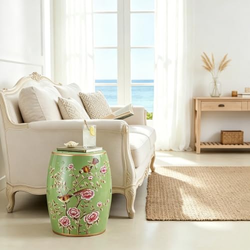 Green Decorative Ceramic Garden Stool, Bird & Flower Ceramic Drum Stool