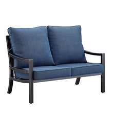 Oakland Living Black Aluminum Patio Deep Seating Outdoor Two Seater Loveseat with Blue Cushions