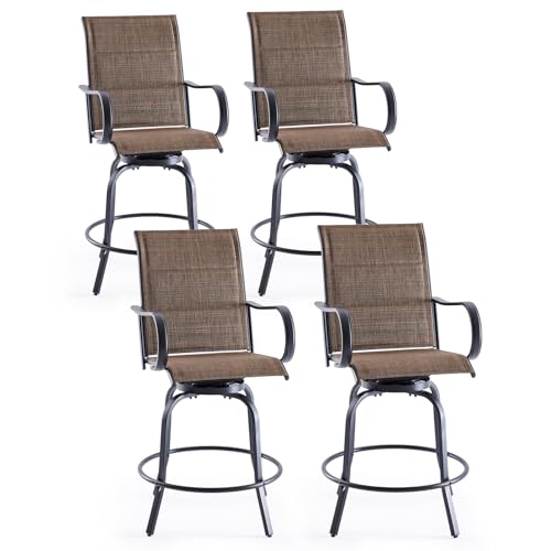 Patio Swivel Bar Stools Set of 4，All-Weather Outdoor High Bistro Stools with Textilene Fabric for Outside, Beach, Lawn, Poolside and Garden (Black/Chestnut)