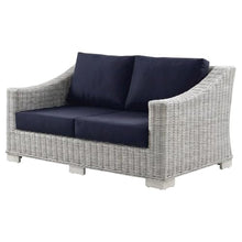 Outdoor Escape Blue Wicker Rattan Loveseat, Cushioned Seating, Weather-Resistant Design for Outdoor Patios, Garden, Backyard