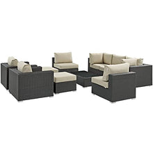 Modway Sojourn Wicker Rattan 10 Piece Outdoor Patio Sunbrella Sectional Set in Canvas Antique Beige