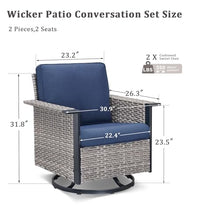 Seeheool Outdoor Swivel Rocking Gray Wicker Chairs Set of 2, Wide Armrest Patio Glider Chairs with Blue Cushions for Porch or Deck