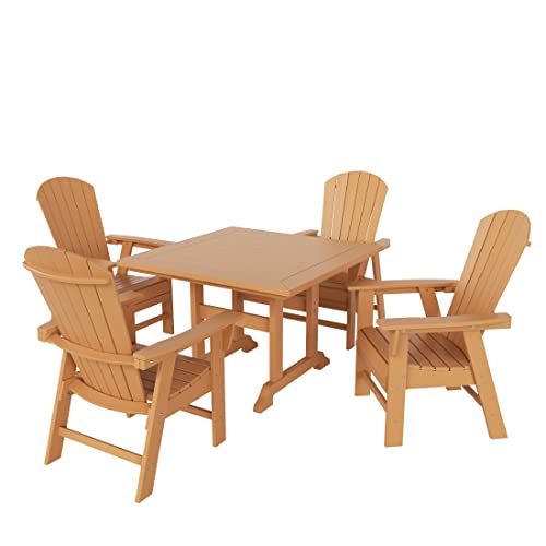 WO Outdoor Adirondack Patio Dining Chair Table 5 PCS Set Seashell Back Armchair Square Table Retro Aesthetic for Outside Restaurant Dining, Resort, Hotel, Lawn, Garden (Teak)