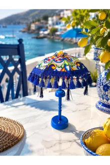 SODEF Missidea Decorative Bali Umbrella Lamp 11.8 x 15.7 inches Blue Majolica Pattern Handmade Bohemian Style with Tassels and Soft LED Lighting for Home Decor - Blue