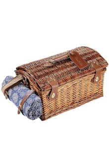 Handmade Wicker Picnic Basket Set for 4 People with Gingham Pattern, Wood, Insulated Compartment, Includes Cutlery, Plates, Glasses, and Water-Resistant Blanket - Brown and Blue