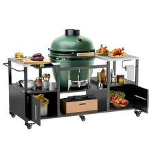 Heavy-Duty Outdoor Grill Cart for Kamado Style BBQ Grills, Steel Barbecue Table with Tool Storage Shelf and Wheels (Black + Silver + Metal + Stainless Steel)