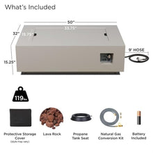 Real Flame Aegean 50in Rectangle Propane or Natural Gas Fire Pit Table, 50,000 BTU, Powder-Coated Steel, Push-Button Ignition, Lava Rock, Storage Cover, Stainless Steel Burner with Lid - Light Sand