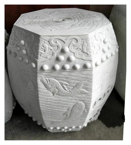 Tu Ye-US Decorative Garden Stools, Ceramic Stool White Carving Sea Fish Anise Outdoor Balcony Stool