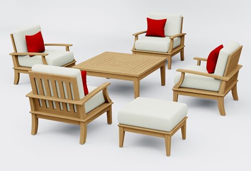WholesaleTeak Teak Wood 6 Pc Lounge Chair Set: 4 Lounge Chairs, Ottoman & Square Coffee Table with Cushions in Outdoor Fabric #5404 Canvas Natural