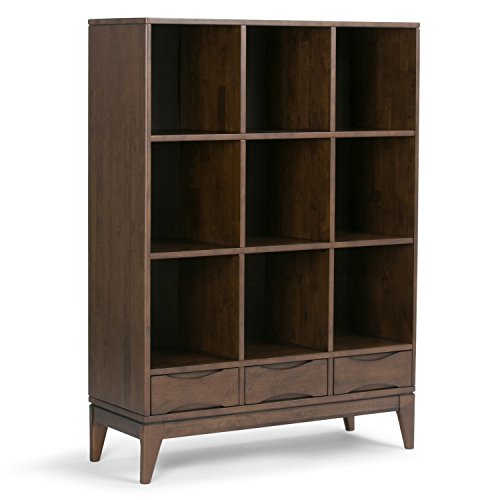 SIMPLIHOME Harper Solid Hardwood Mid Century Modern Cube Storage Bookcase with Drawers Walnut Brown